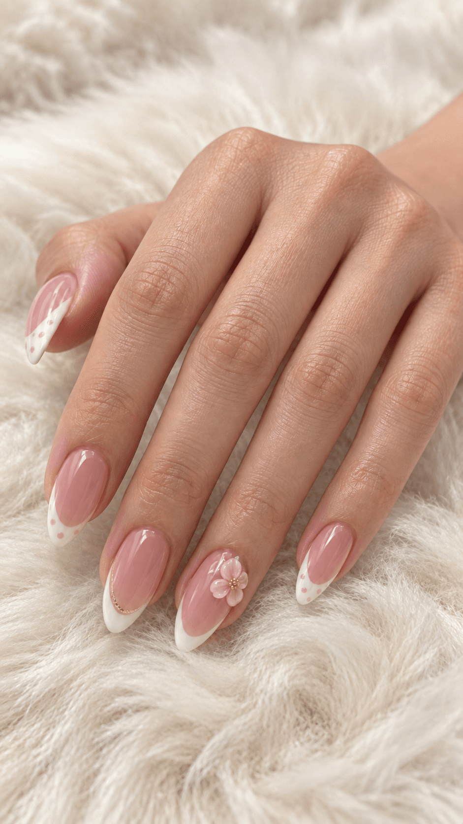 Glossy nude nails with crisp white French tips, pink polka-dot detailing, and a dimensional white flower with a gold center